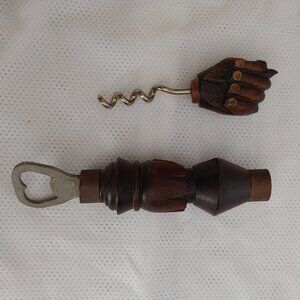 Vintage Figa Fist Wooden Handcrafted Bottle Opener and Corkscrew Set